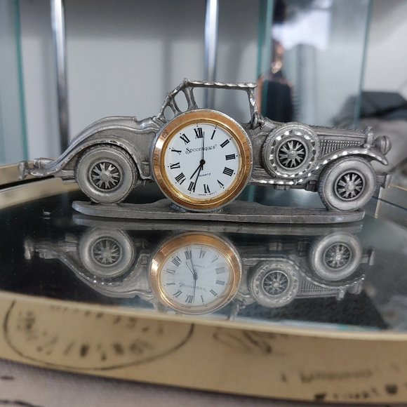 SPOONTIQUES Vintage Fancy Car Quartz Movement Antique Pewter Car Clock Japan - Picture 1 of 5
